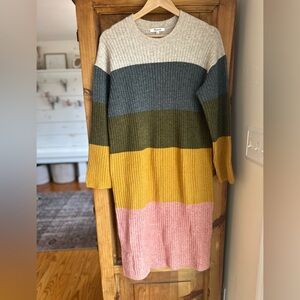Madewell Colorblock Long Ribbed Sweater Dress - Pink, Mustard, Olive, Gray M